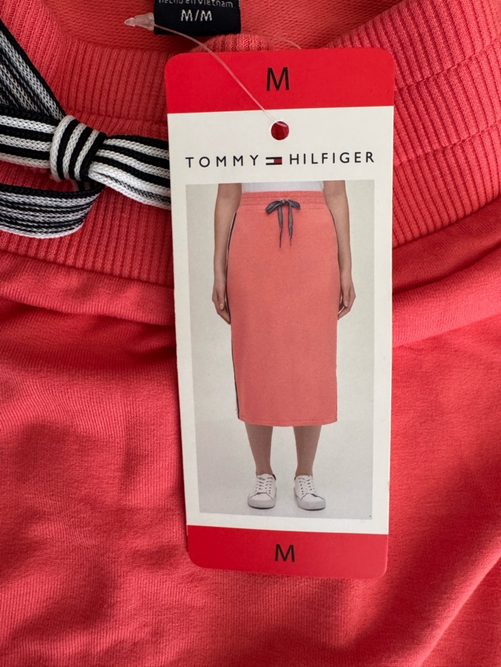 Tommy Hilfiger Coral Midi Pencil Skirt with Navy-White Side Stripes